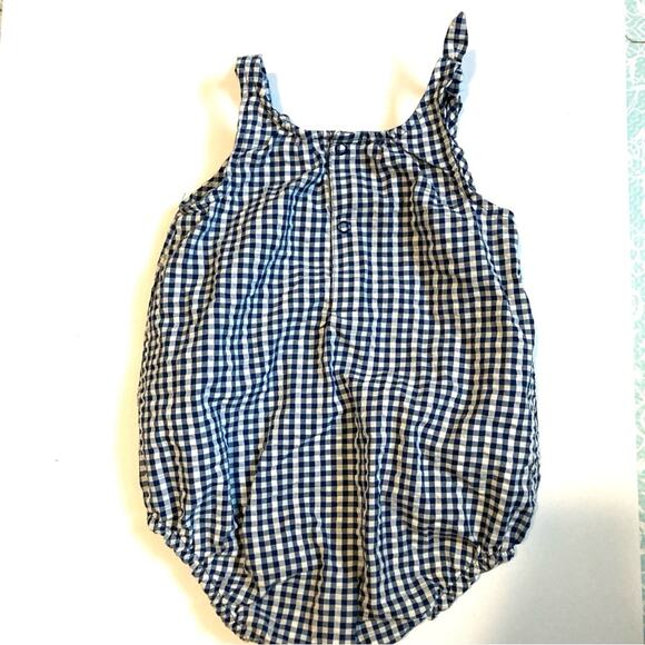 ❤️5/$25 SALE Carter’s Blue White Seersucker Gingham Plaid Bubble Tank Romper Hat - Picture 9 of 11